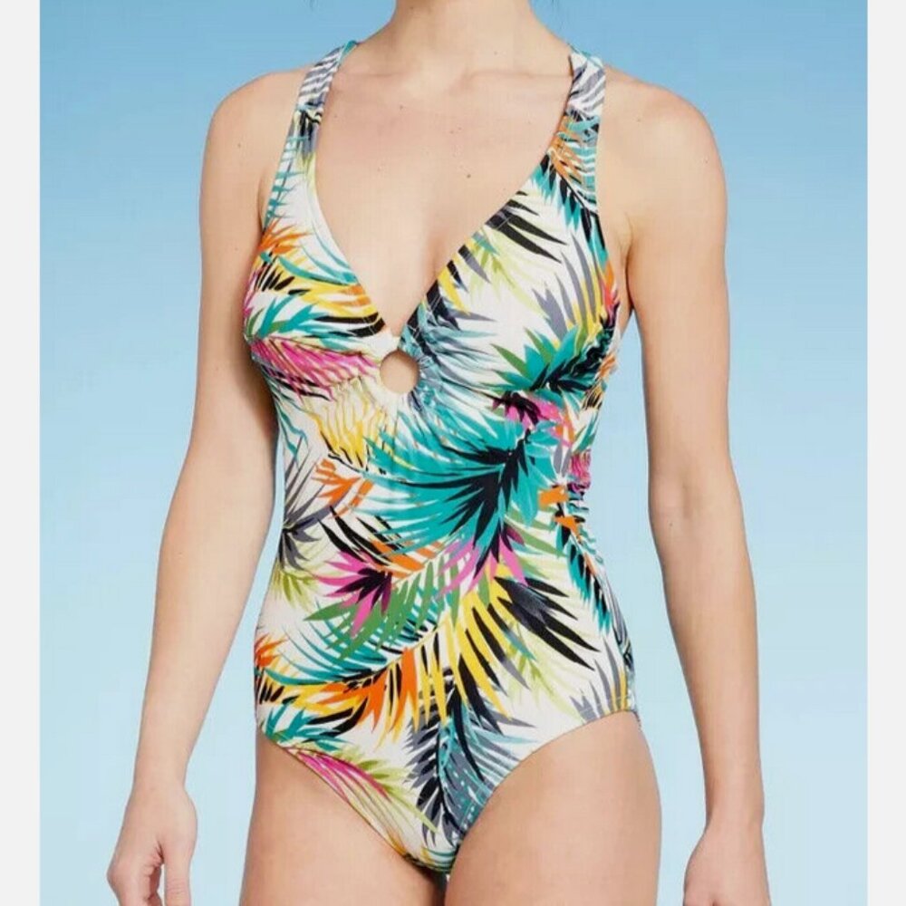 Plunge Ring Detail One Piece Swimsuit - Shade & Shore™ Multi Tropical Print S - Picture 3 of 4